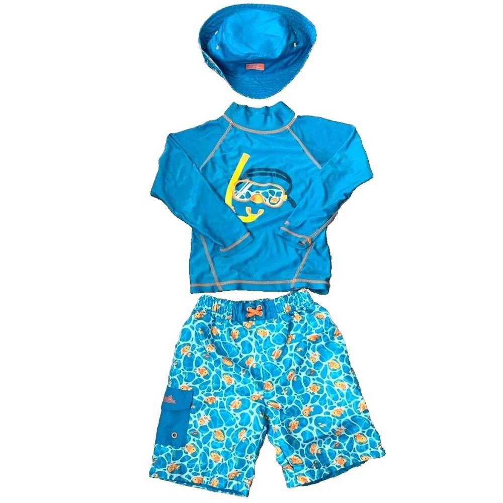 UV Skinz Boys Matching Snorkle Rash Guard Top, Fish Swim Trunks & Hat Size 7